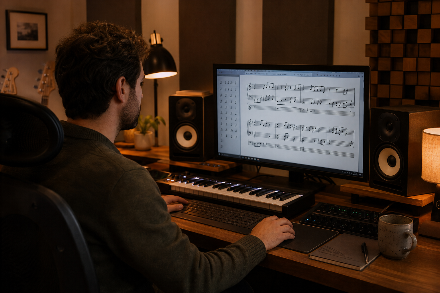 Arrangeur musical écrivant une partition sur ordinateur avec logiciel de notation, atelier Partition à Metz