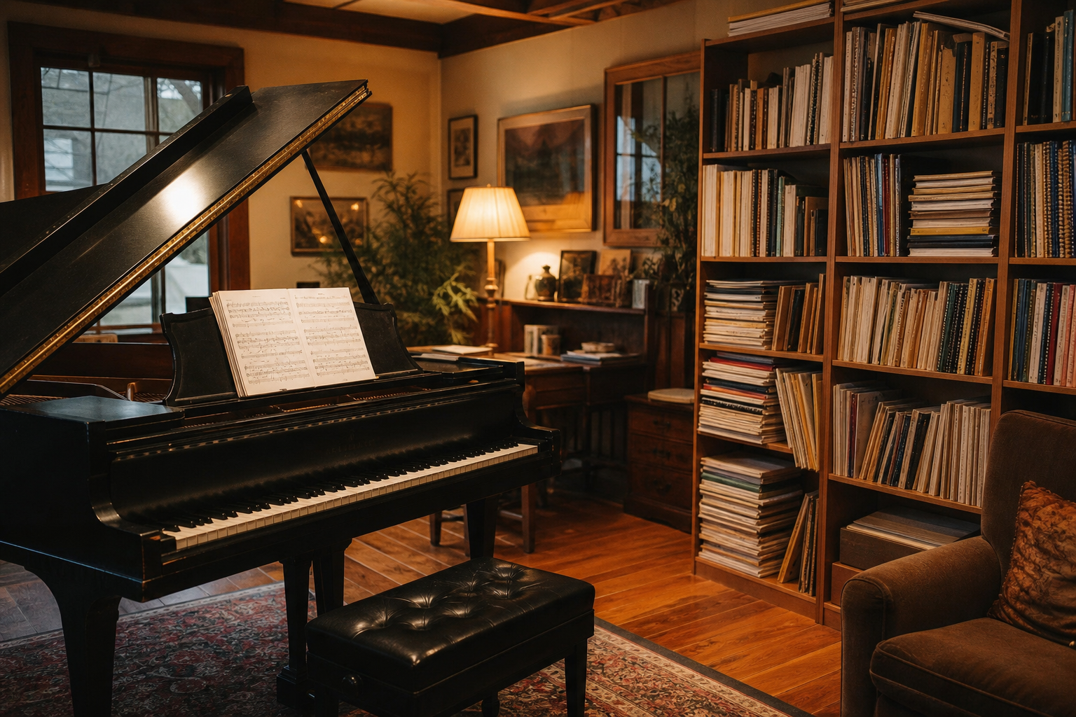 Atelier de l'arrangeur musical Partition à Metz, piano et bibliothèque de partitions